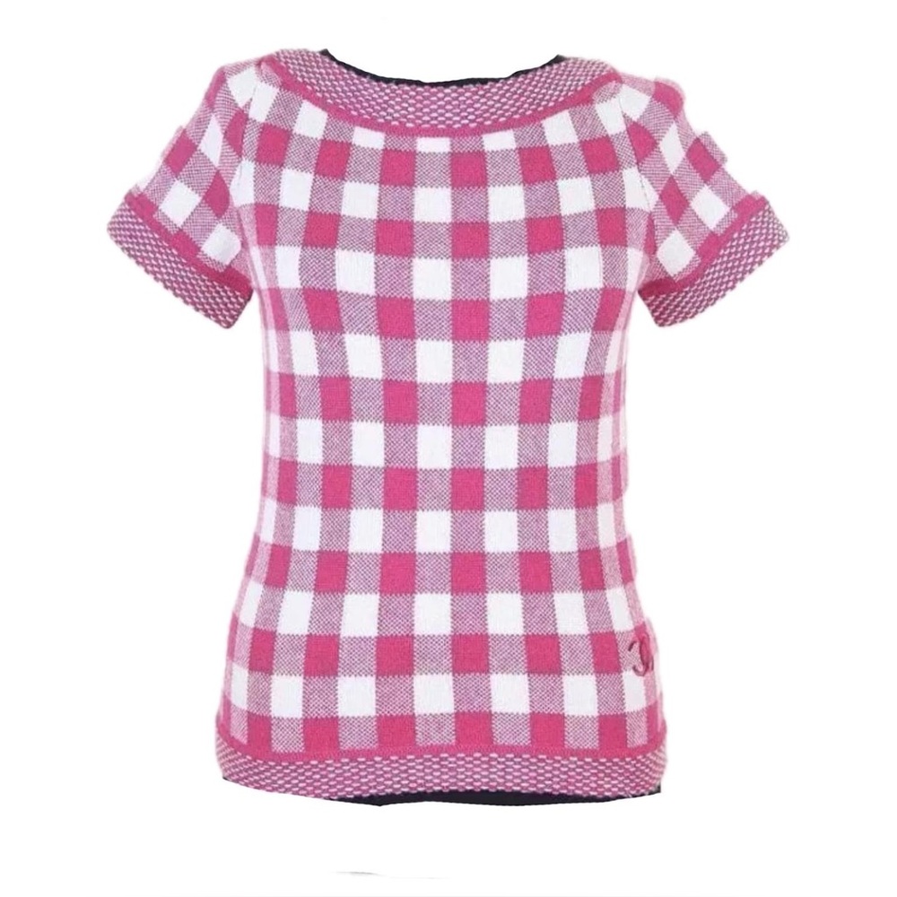 AUTH CHANEL Pink and White Checkered Cashmere top Size 36/S